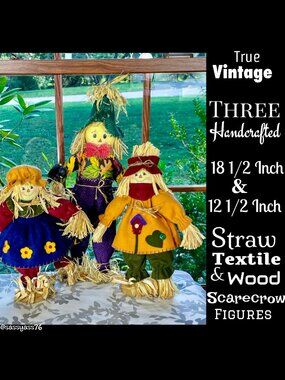 ▪️VTG▪️Three HANDCRAFTED 18.5" & 12.5" Straw Textile & Wood SCARECROW Figures